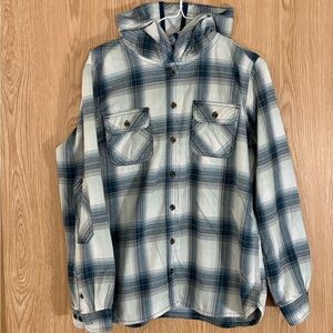 Carhartt Blue and White Flannel Plaid Hooded Button Down Shirt Jacket